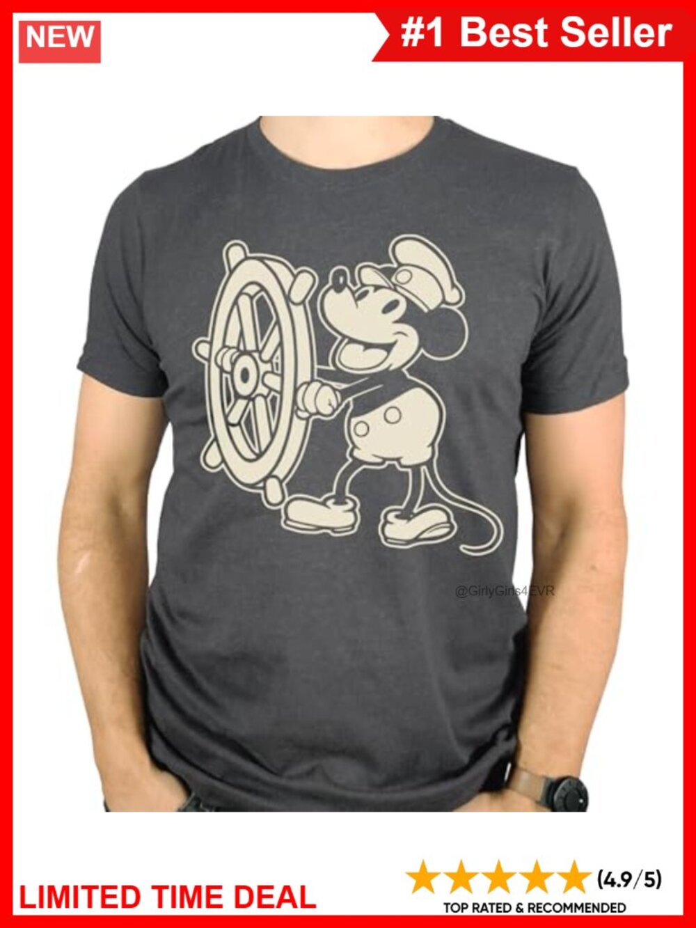 Steamboat Willie Cartoon Public Domain Crew Neck T-Shirt